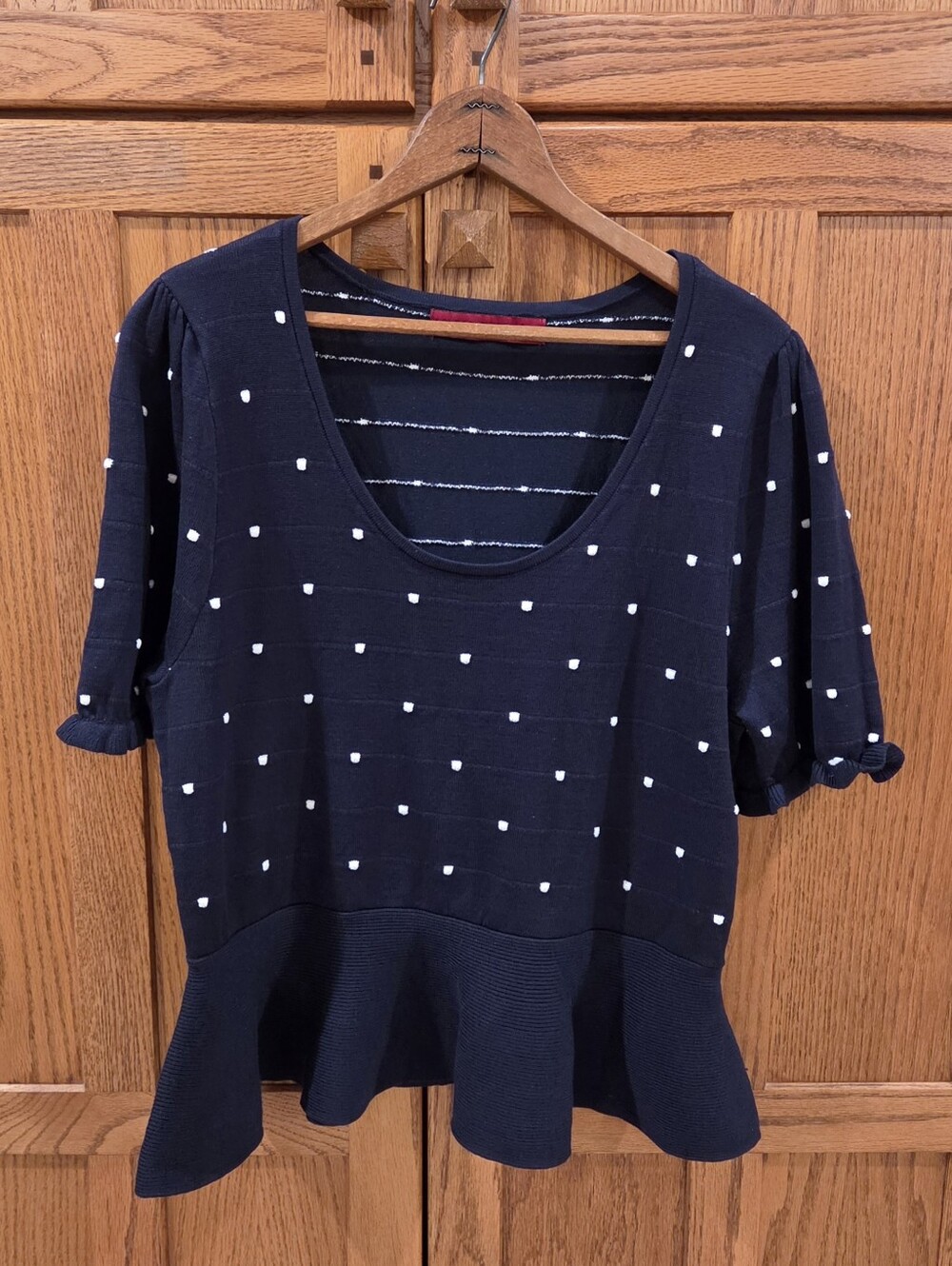 Love Scarlett Navy White Polka Dot Peplum Knit Top Size L